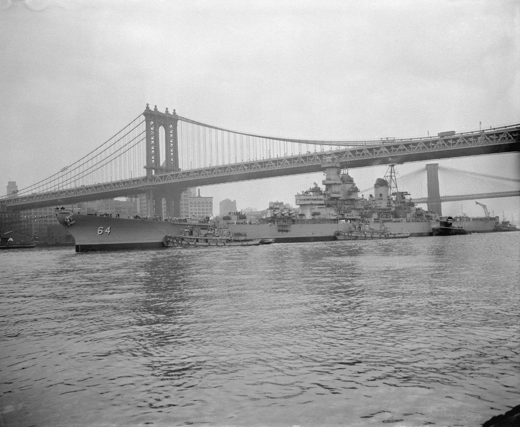 Detail of USS Wisconsin Passing Beneath Manhattan Bridge by Anonymous