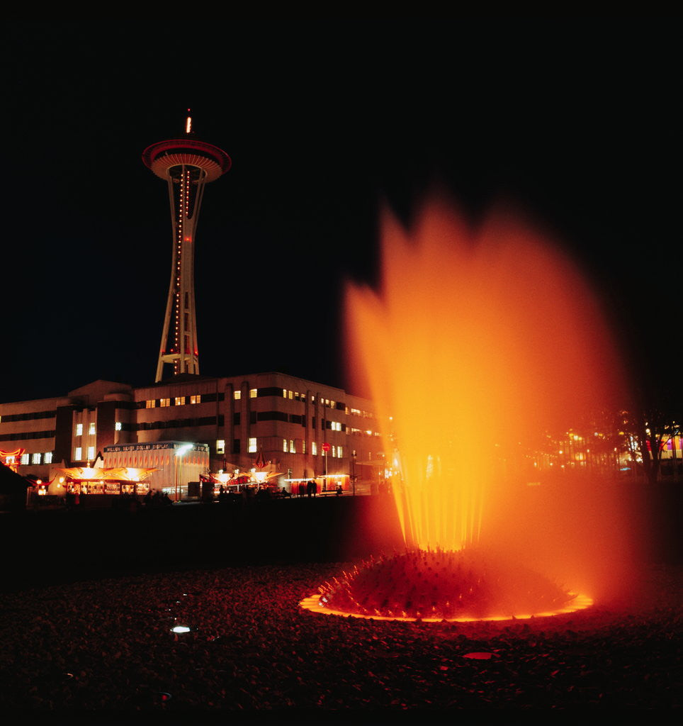 Detail of Space Needle and Fountain at Night by Corbis