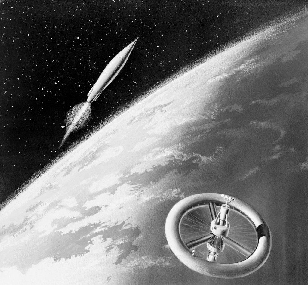Detail of Illustration of a Rocket and Space Station Above Earth by Anonymous