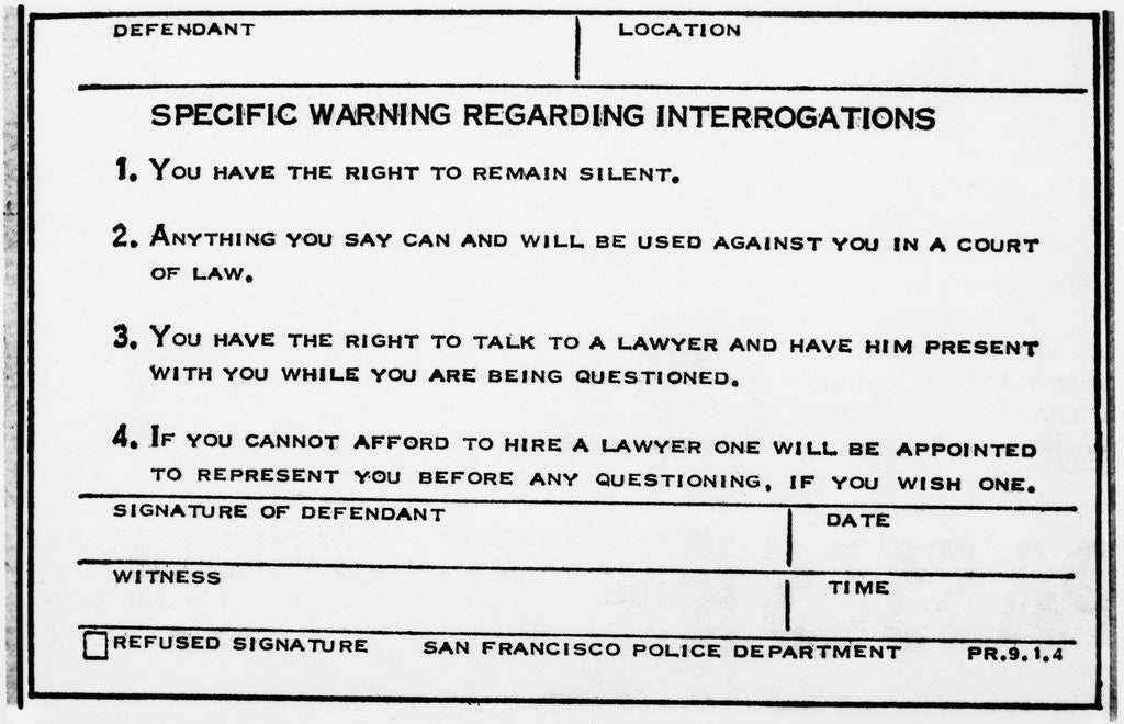 Detail of Photocopy of the Miranda Warning by Anonymous