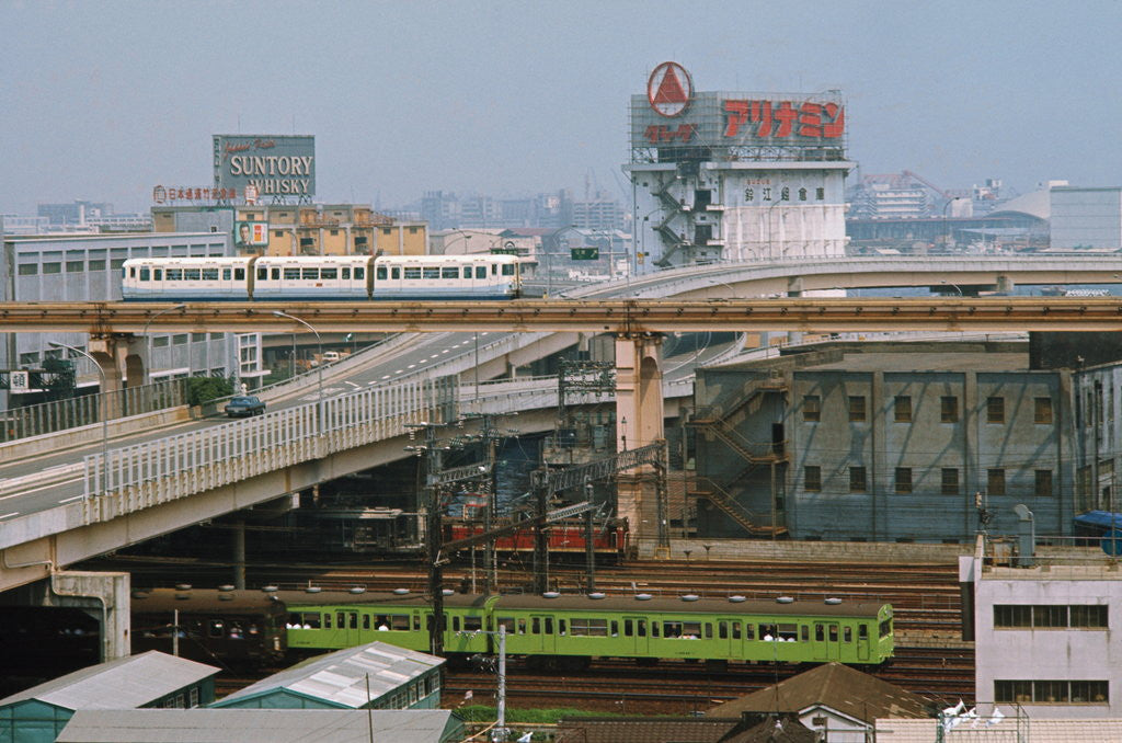 Detail of View of Downtown Tokyo with Railroad Yard in Foreground by Anonymous