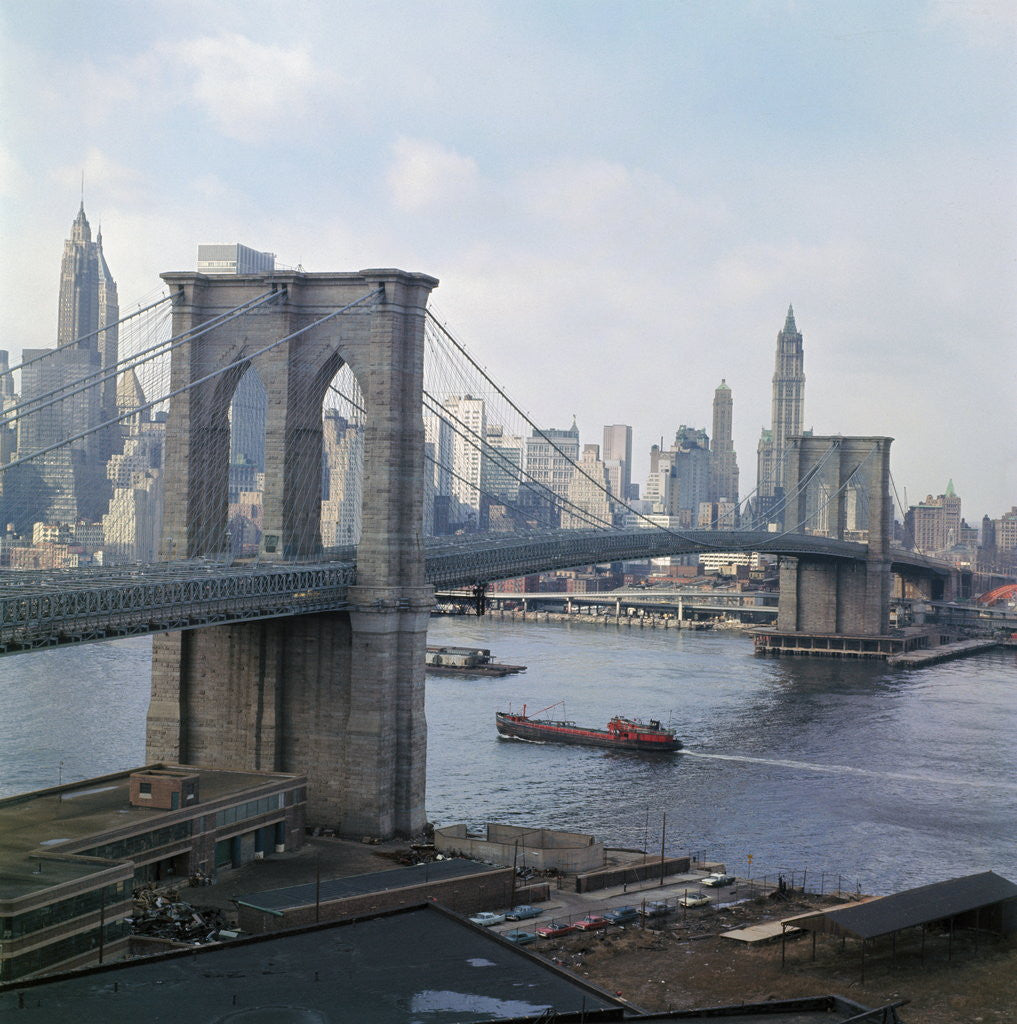 Detail of Brooklyn Bridge with Lower Manhattan Skyline by Anonymous