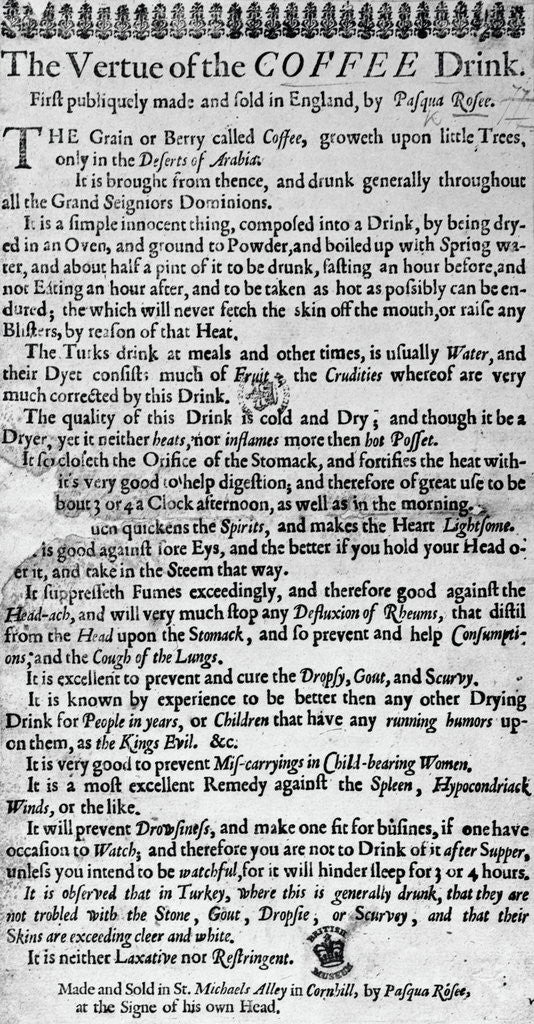 Detail of Coffee Advertisement of 1660. by Anonymous