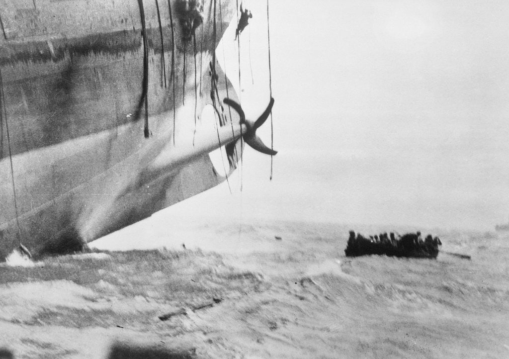 Detail of Navy Men Escaping Sinking Submarine by Boat by Anonymous
