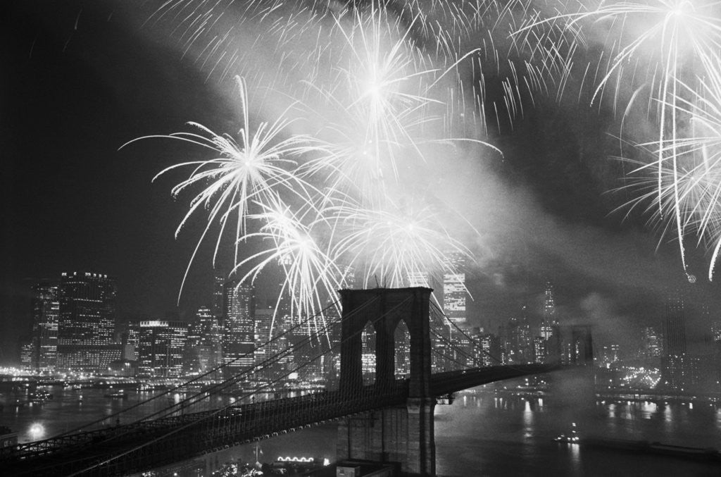 Detail of Fireworks over the Brooklyn Bridge by Anonymous
