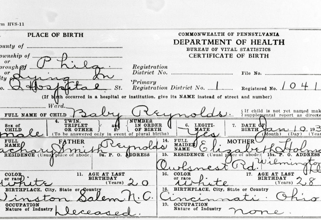Detail of Libby Holman Reynolds Birth Certificate by Anonymous