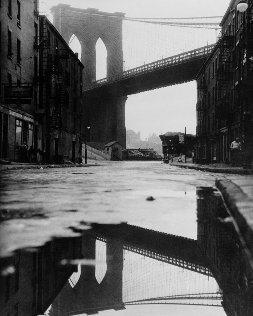 Detail of Puddle Reflecting Brooklyn Bridge by Anonymous