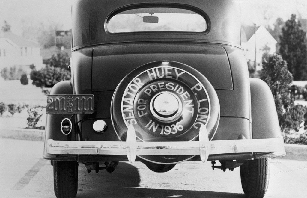 Detail of Rear View of Car With Huey P. Long Advertisement by Anonymous