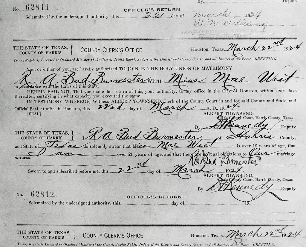 Detail of Mae West Marriage License by Anonymous