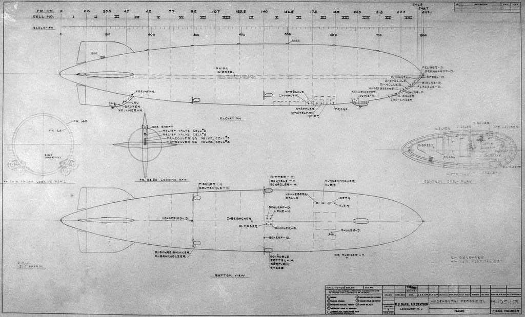 Detail of Drawing of Hindenburg with Stations and Crew Names by Anonymous