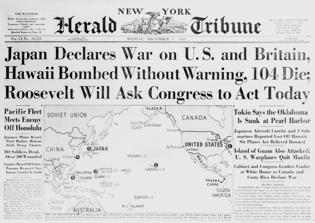Detail of New York Herald Tribune Headlines Japan Declaring War by Anonymous