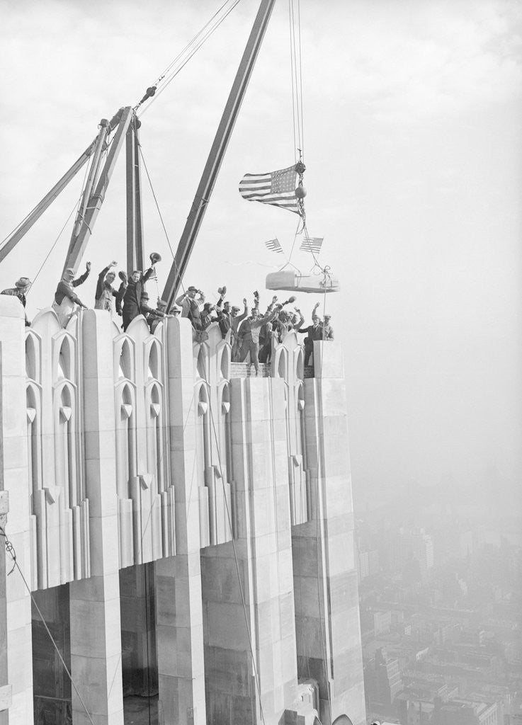 Detail of Workers Placing Last Stone on RCA Building by Anonymous