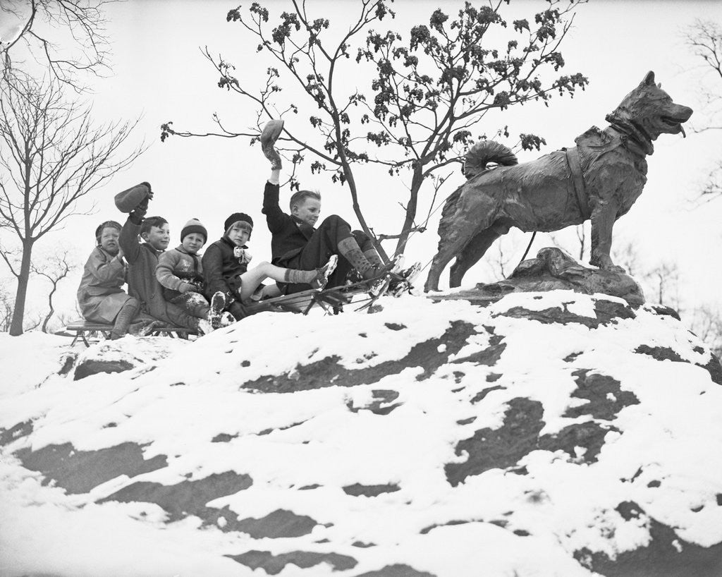 Detail of Children on Sleigh Near Statue Dedicated to Hero Dog by Anonymous