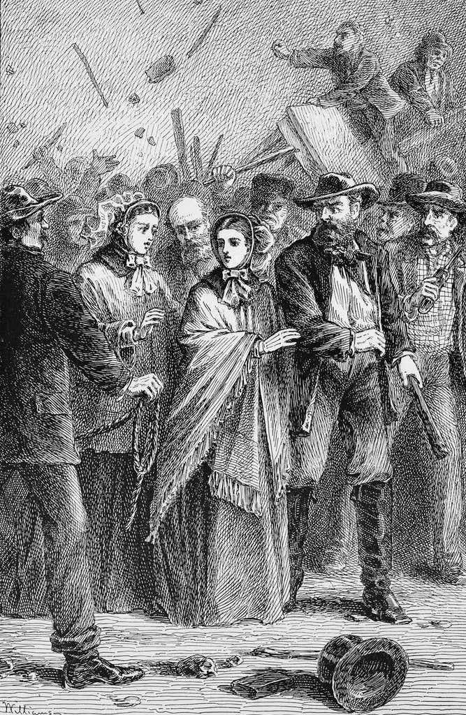 Detail of Print of Lucretia Mott Being Protected from Angry Male Mob by Anonymous