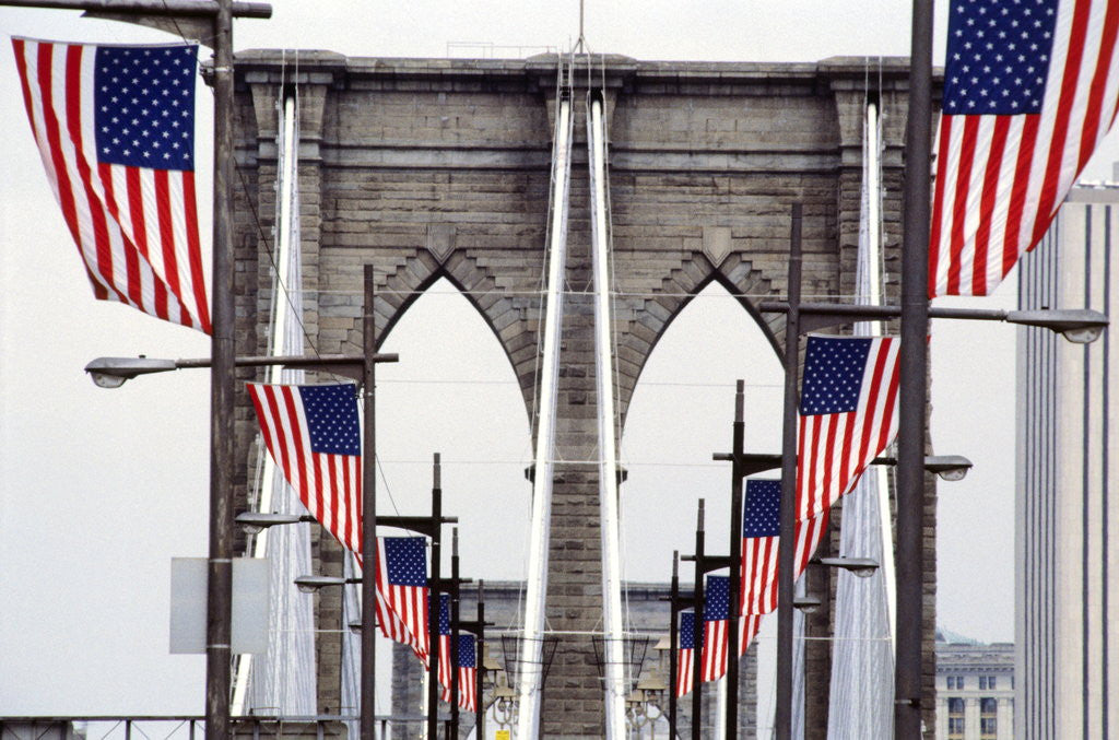 Detail of American Flags Lining Brooklyn Bridge by Anonymous