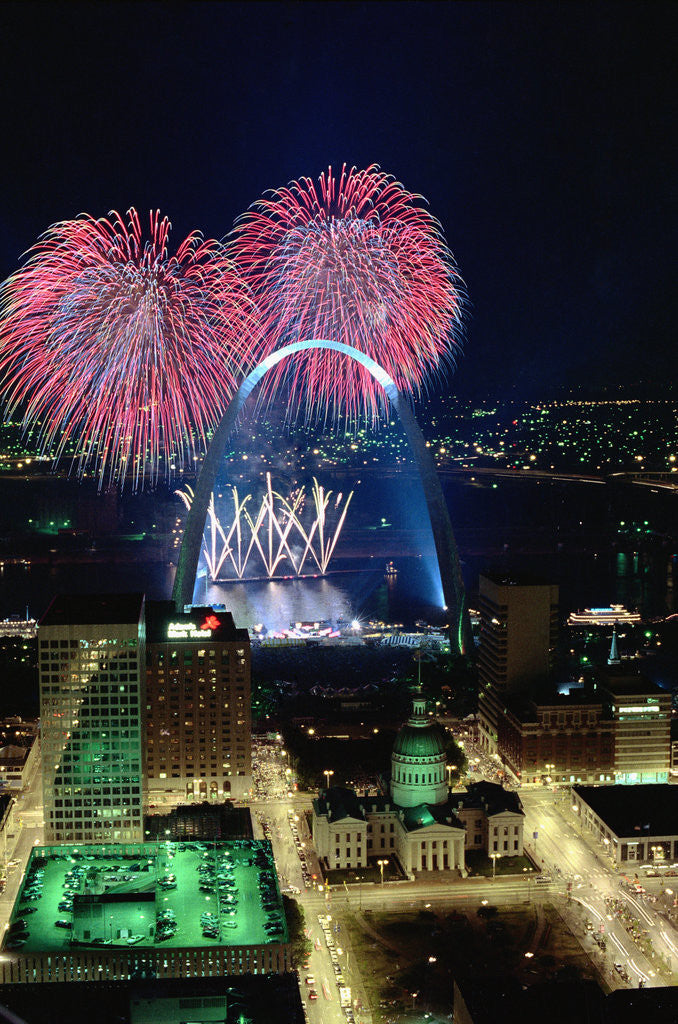 Detail of St. Louis Gateway Arch with Fireworks by Anonymous