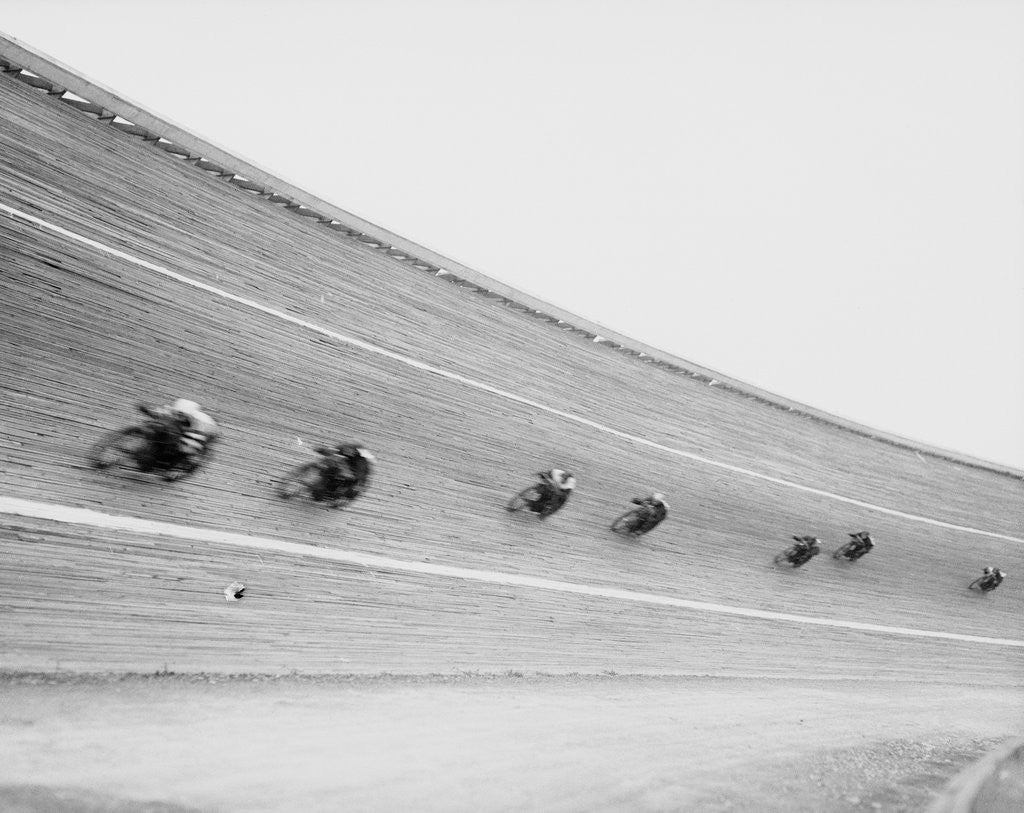 Detail of Motorcycles Racing on Sloped Track by Anonymous
