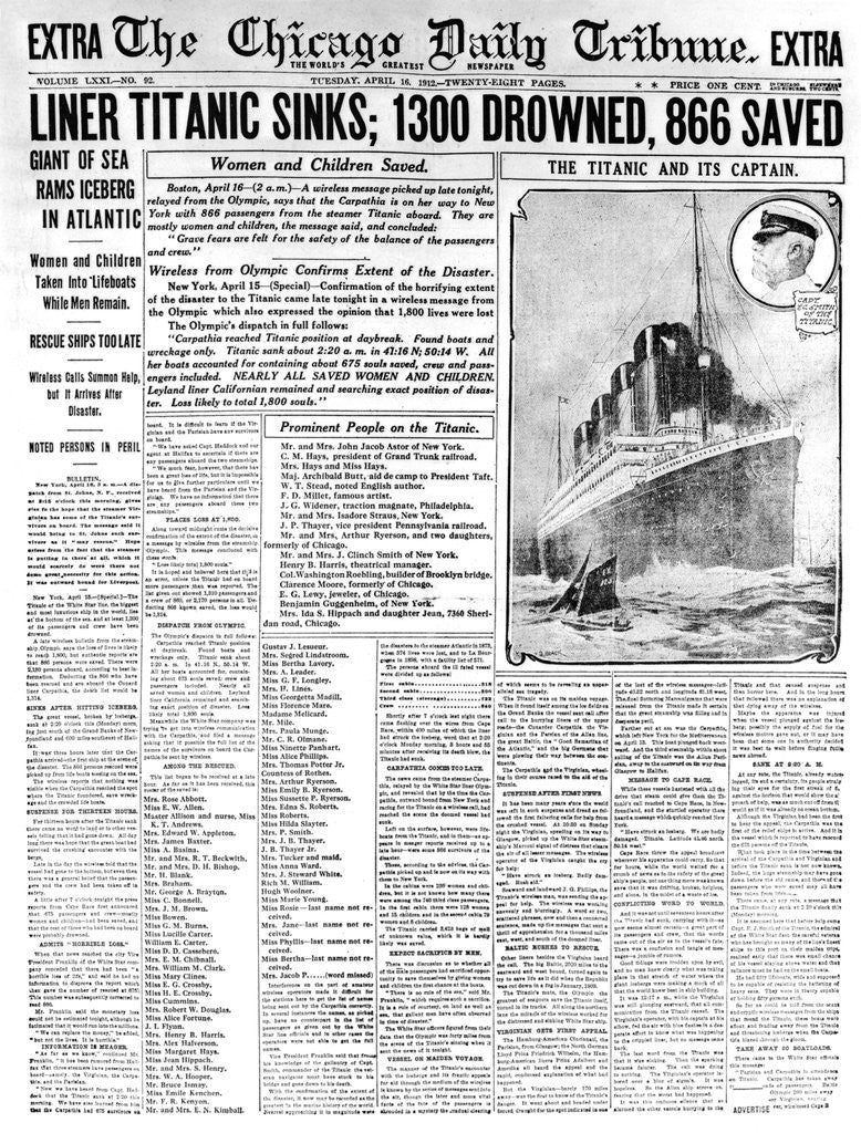 Detail of Chicago Daily Tribune Headlining the Titanic Disaster by Corbis
