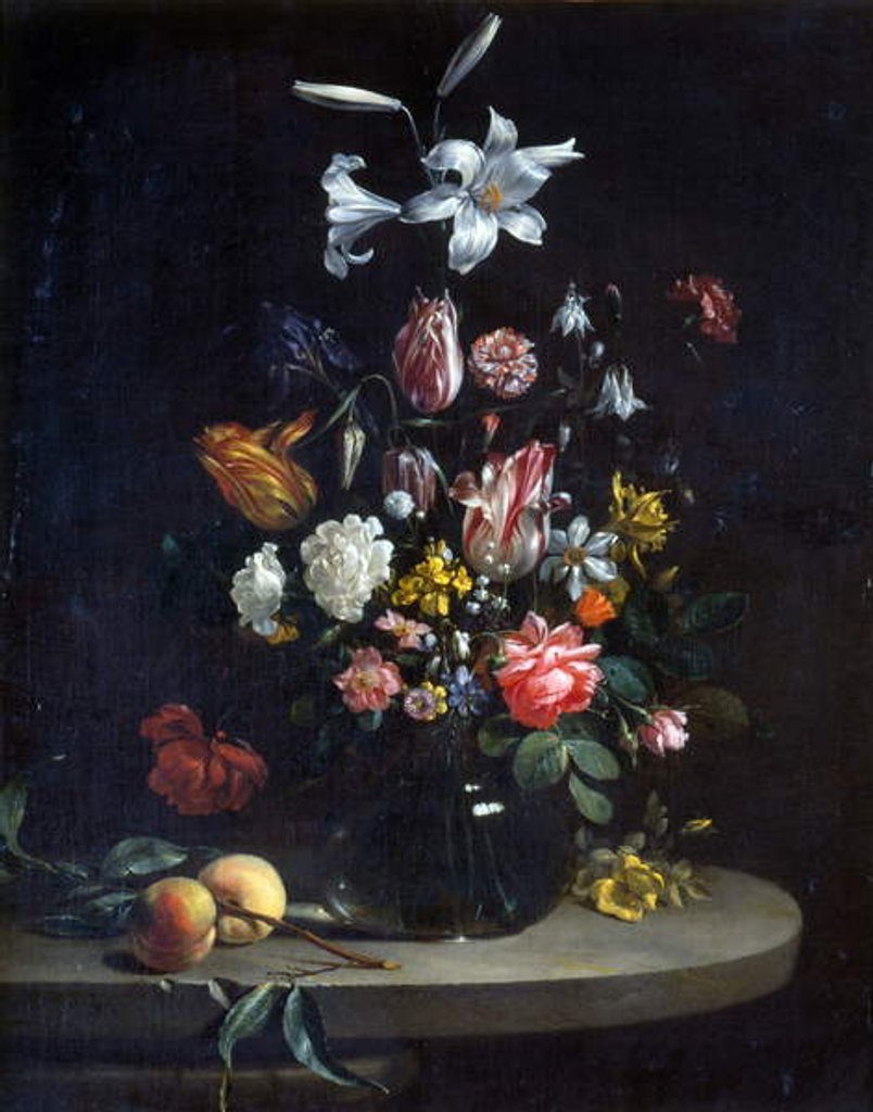 Detail of Still life: Bouquet of flowers, in a glass vase by Jan Olis