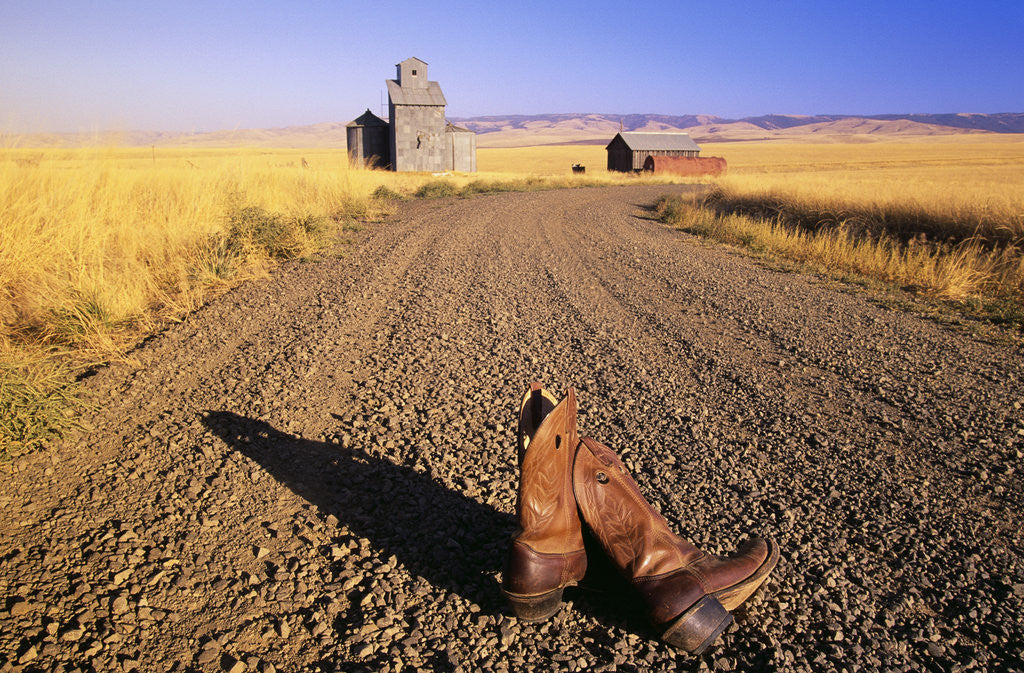 Cowboy Boots on Gravel Road posters prints by Corbis