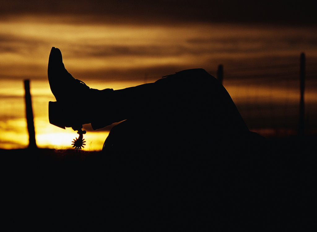 Detail of Cowboy's Boot and Spur Silhouetted at Sunrise by Corbis