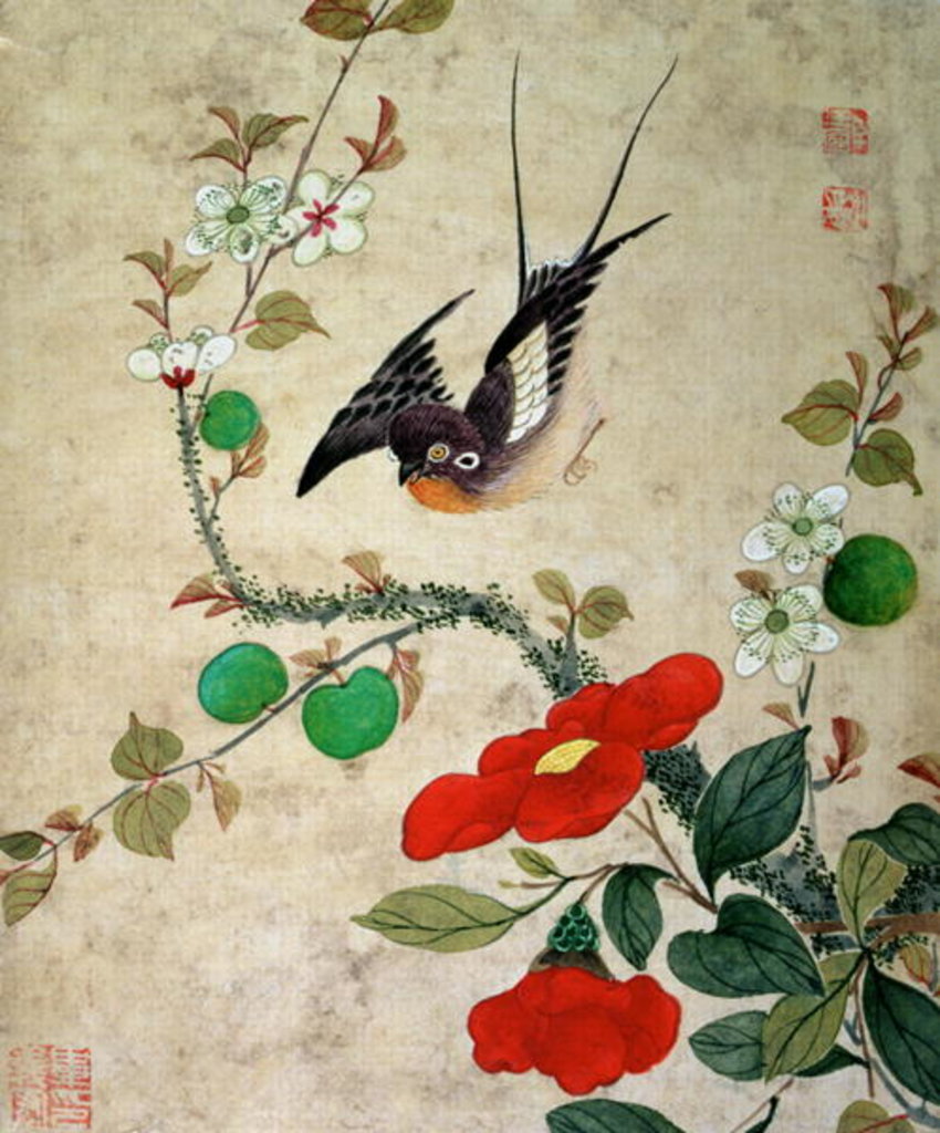 Detail of One of a series of paintings of birds and fruit, late 19th century by Guochen Wang