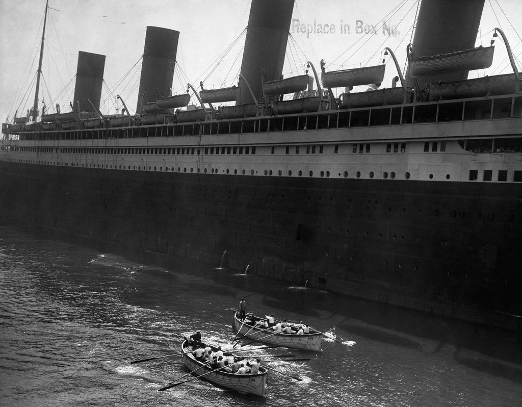 Detail of Lifeboats Rowing Below Cruise Ship by Anonymous