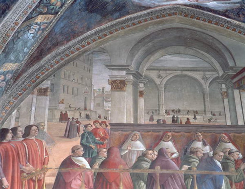 Detail of The Loggia and Palazzo della Signoria, Sassetti Chapel, 1483 by Domenico (1449-94) Ghirlandaio