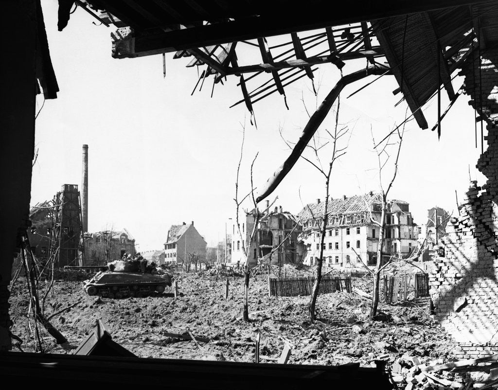 Detail of American Tank Amid Rubble in Street of German City by Anonymous