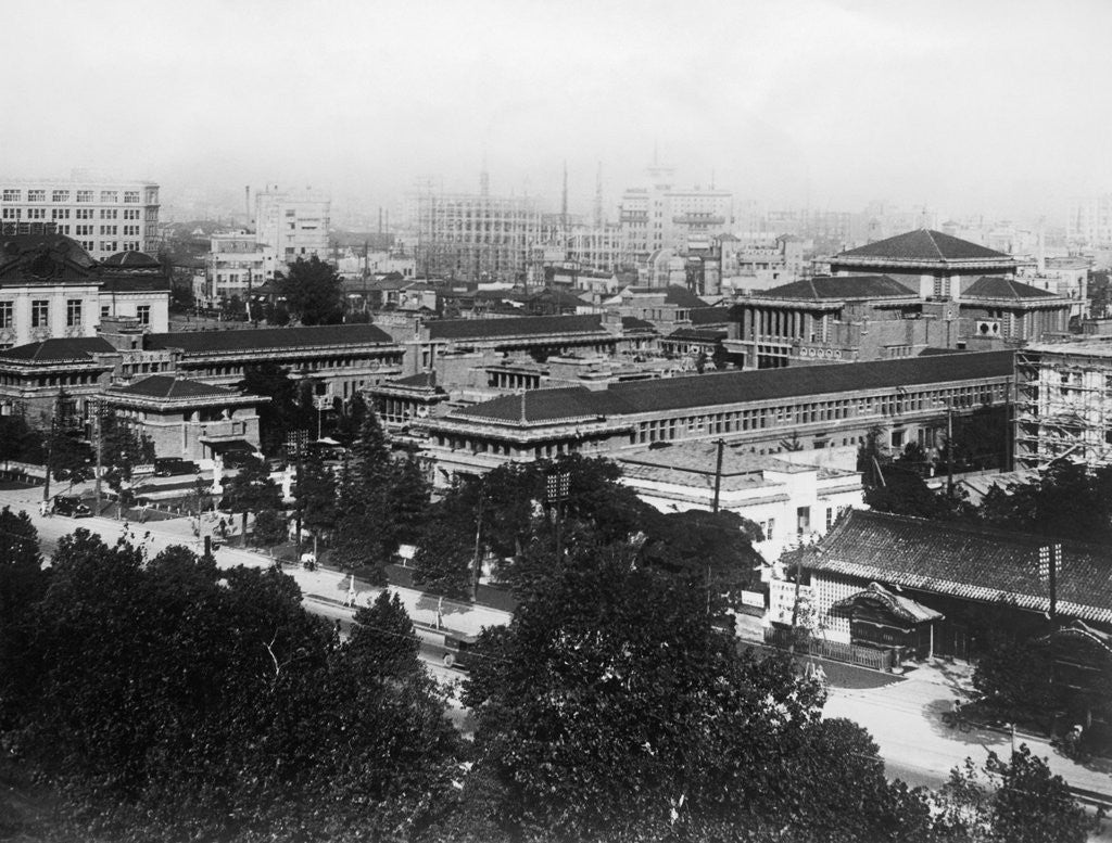 Detail of Rooftops and Tree Lines in Japanese City View by Anonymous