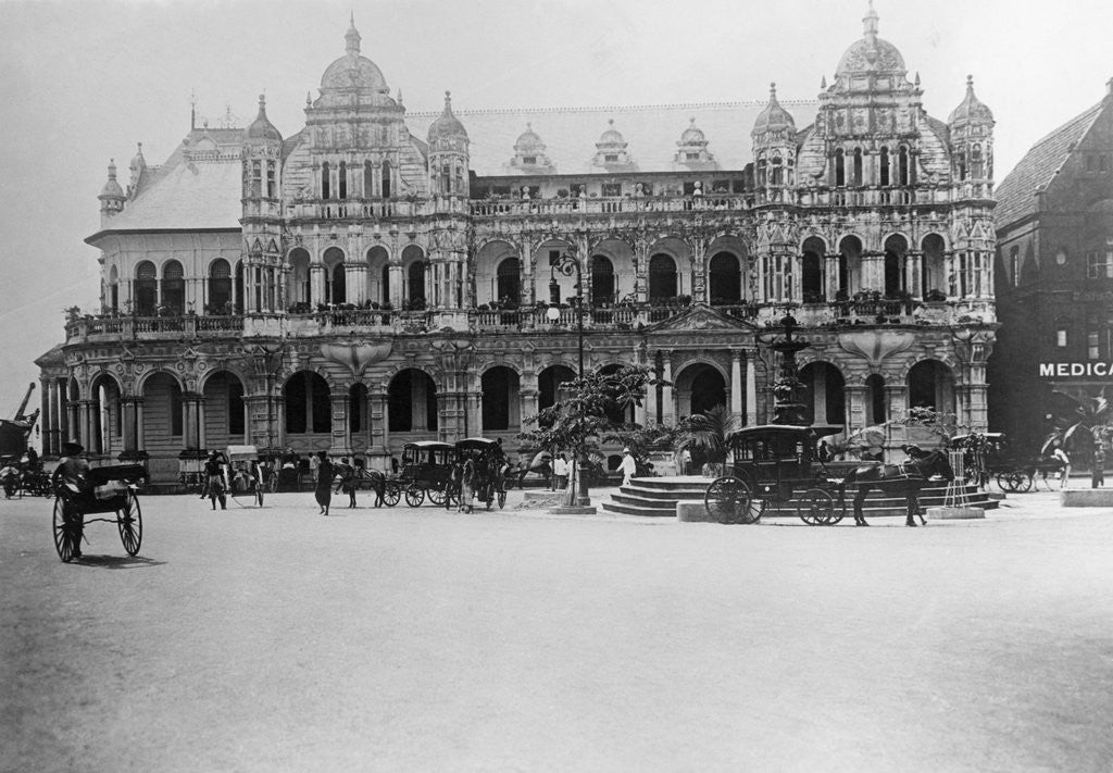 Detail of Exterior of Large Bank with Carriages in Front by Anonymous