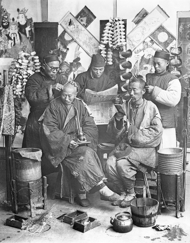 Detail of Chinese Men Getting Hair Cut by Corbis