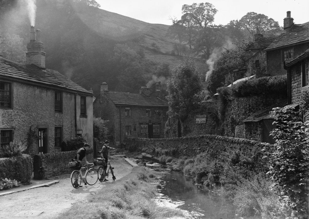 Detail of Two boys out on their bicycles near a stream in the Peak District village of Castletown by Anonymous