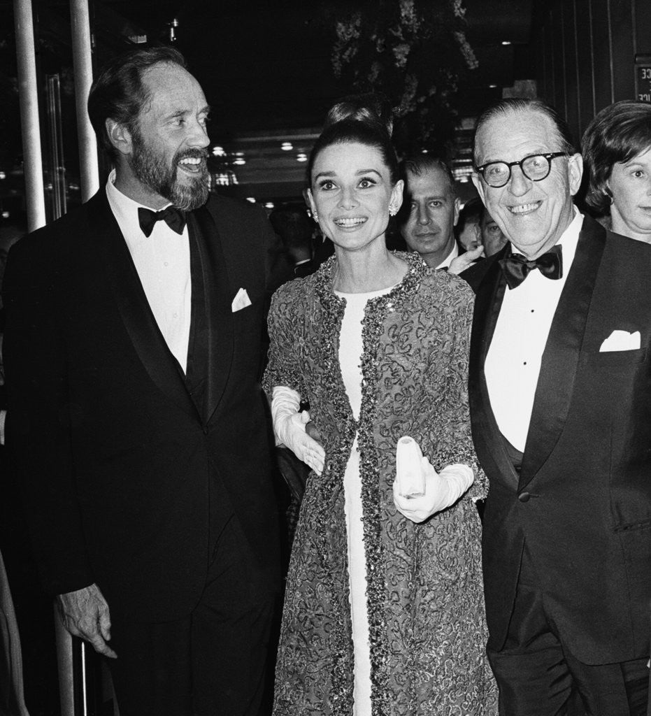 Detail of Audrey Hepburn arrives for the premiere of My Fair Lady in New York with husband Mel Ferrer and Stan Holloway by Anonymous