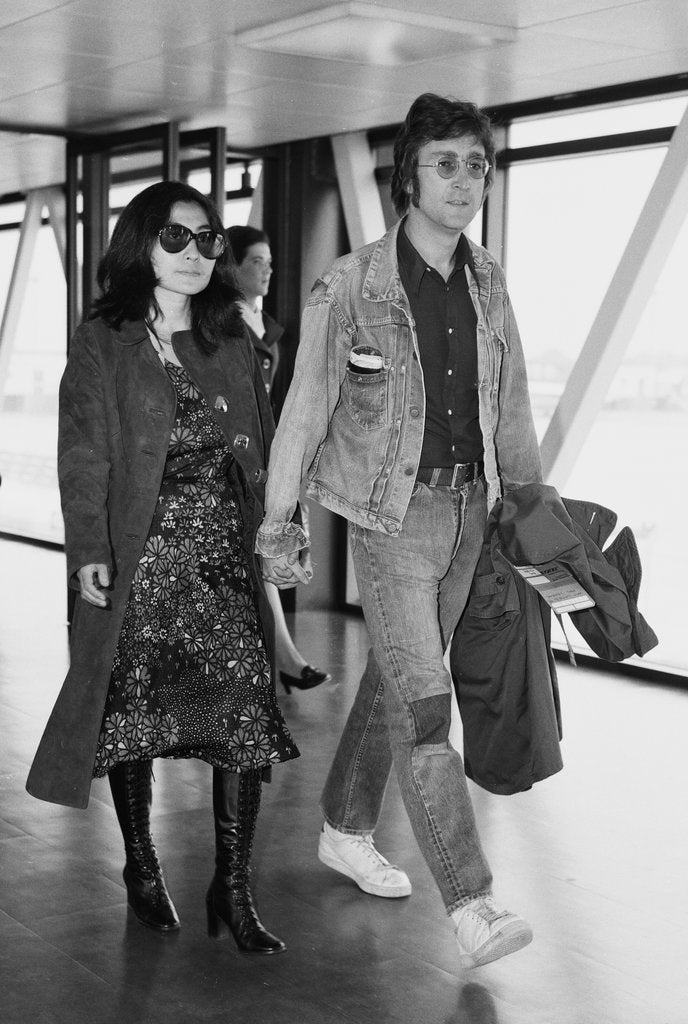 Detail of John Lennon with his wife Yoko Ono leaving Heathrow Airport by Anonymous