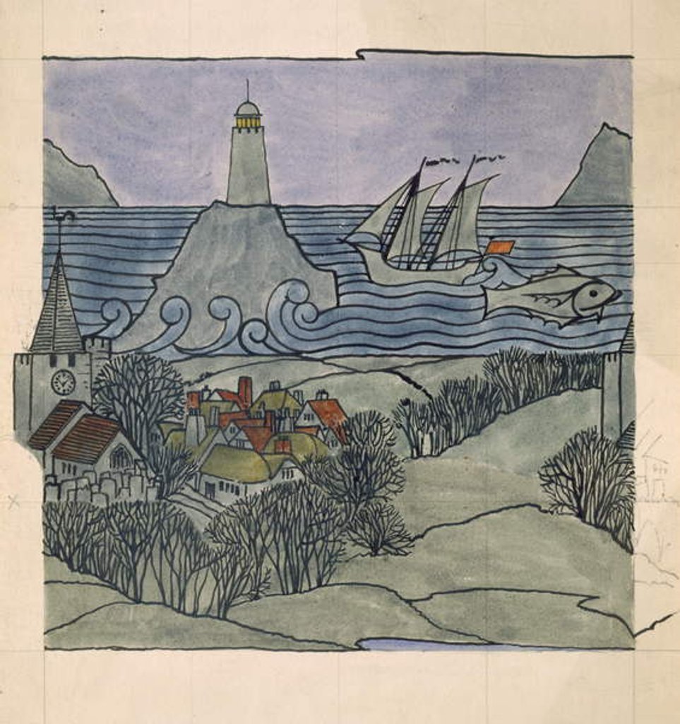 Detail of Lighthouse, ship and village by Charles Francis Annesley Voysey