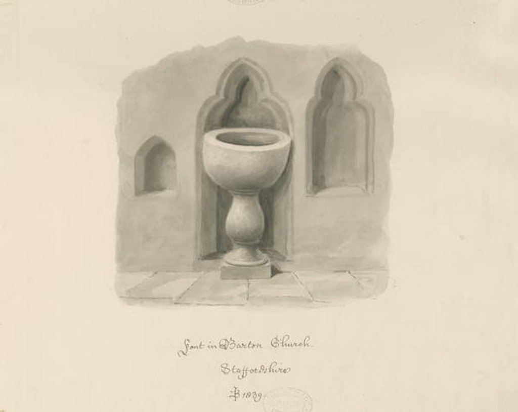 Detail of Font in Barton under Needwood Church: sepia drawing, 1839 by John Buckler