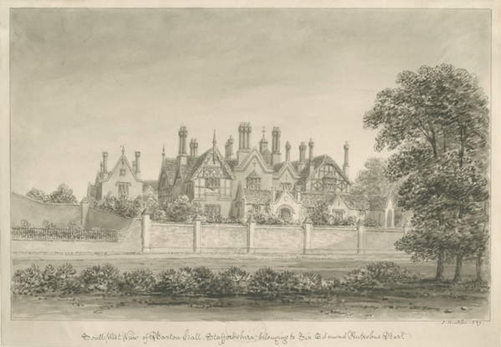 Detail of Barton under Needwood - 'Barton Hall' : sepia drawing, 1839 by John Buckler