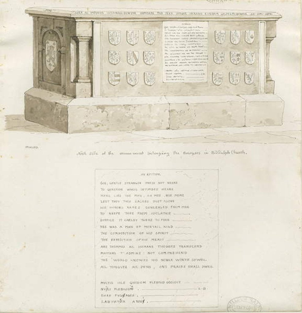 Detail of Tomb in Biddulph Church - 'William Bowyer' : sepia drawing, 1837 by School English