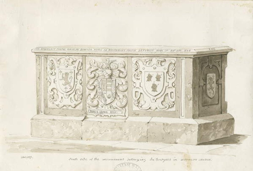 Detail of Tomb in Biddulph Church - William Bowyer : sepia drawing, 1837 by Thomas Peploe Wood