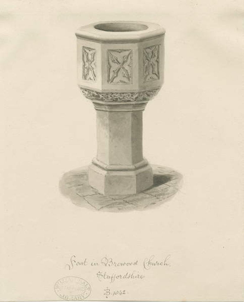 Detail of Font in Brewood Church by John Buckler