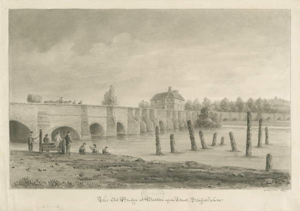 Burton-upon-Trent Bridge and Town: sepia drawing, 1839 by John Buckler