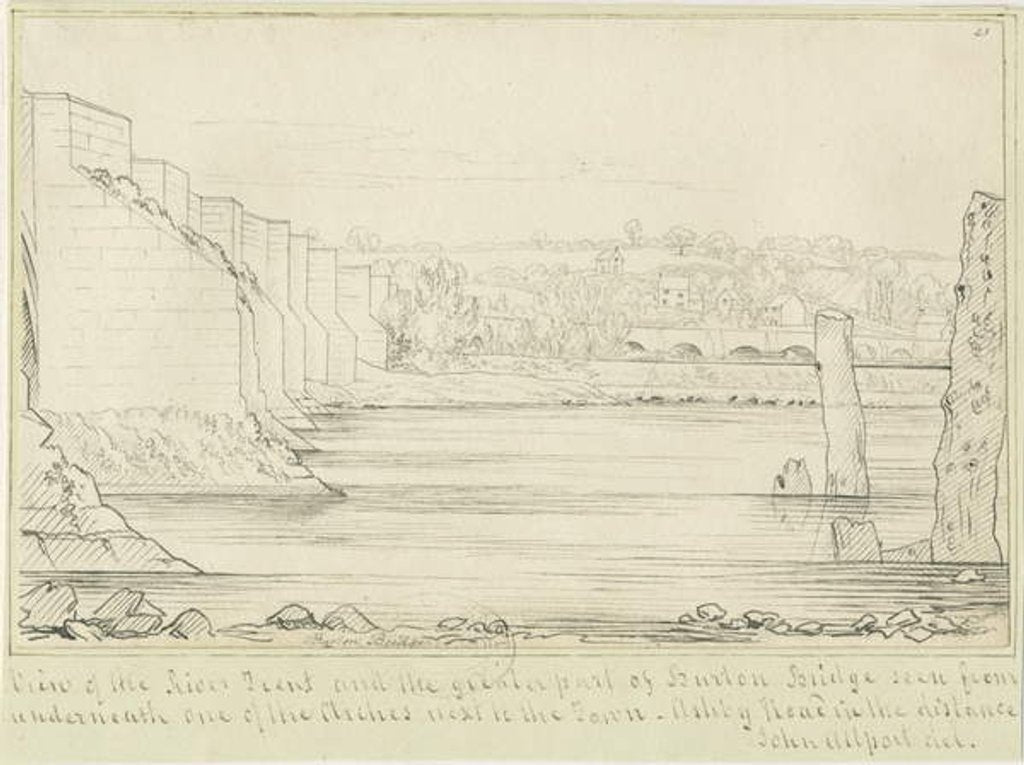 Detail of Burton-upon-Trent Bridge and Town: pen drawing, nd [c 1817] by John Allport