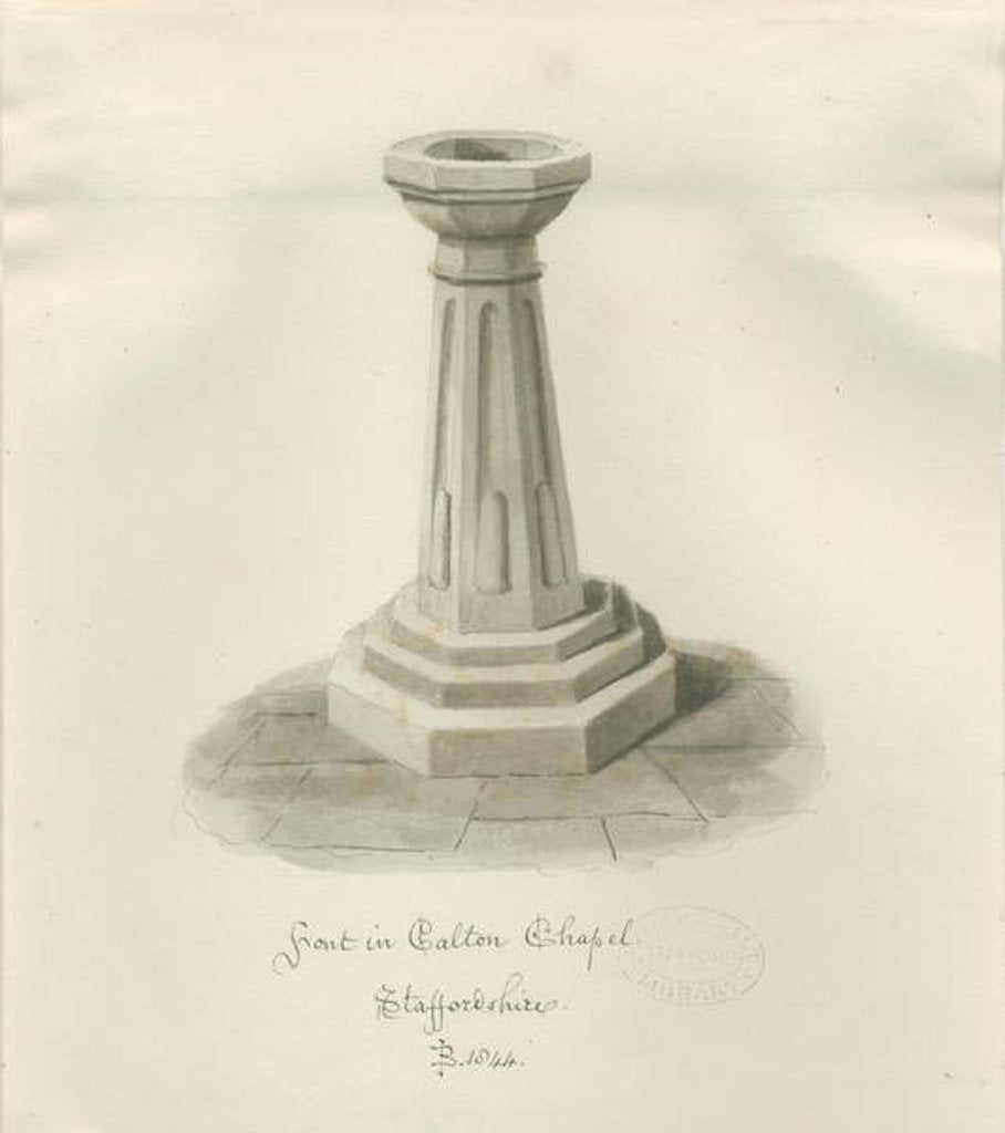 Font in Calton Chapel - Now 'St. Mary's Church' : sepia drawing, 1844 by John Buckler
