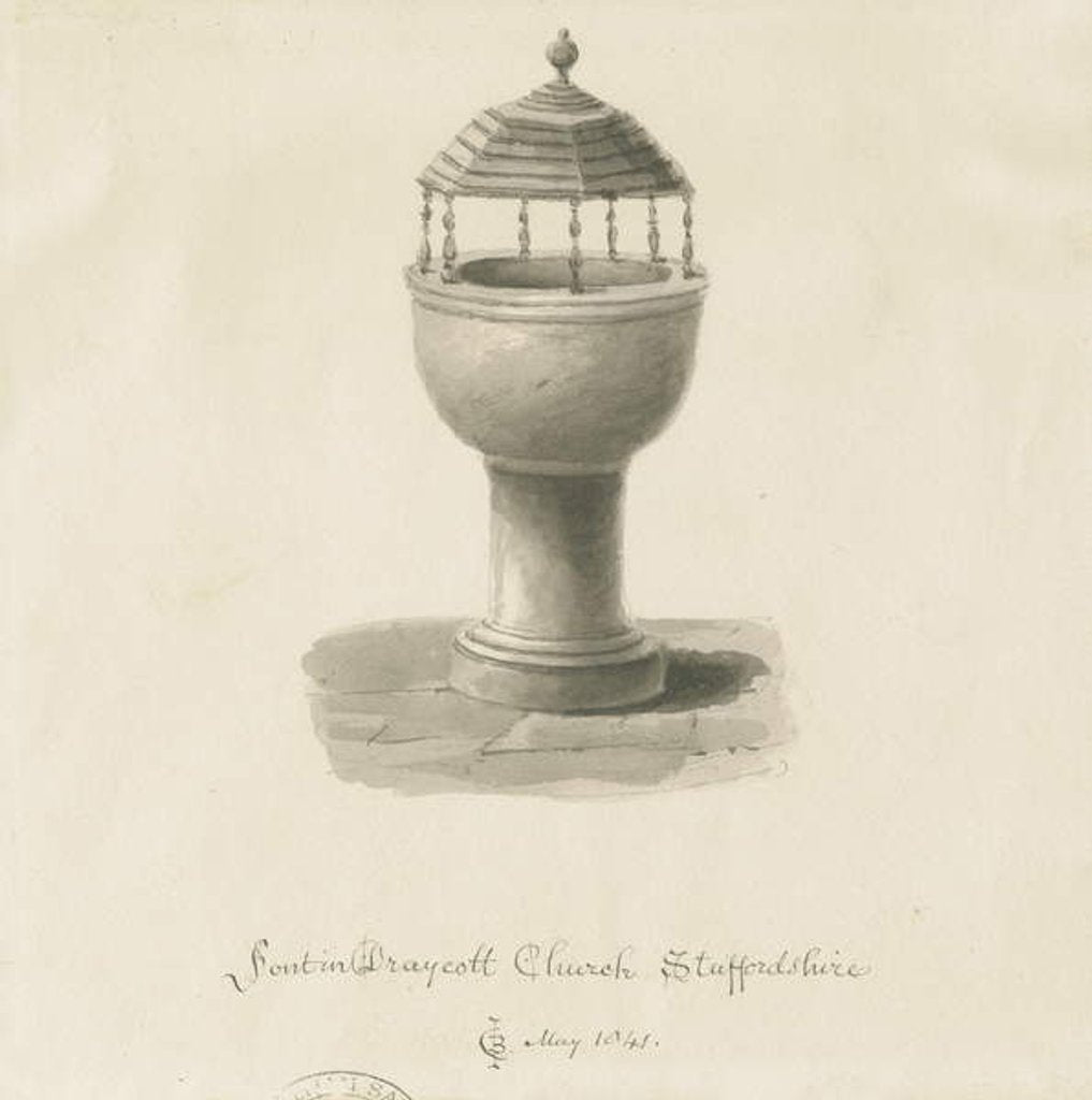 Detail of Font in Draycott in the Moors Church by John Chessell Buckler