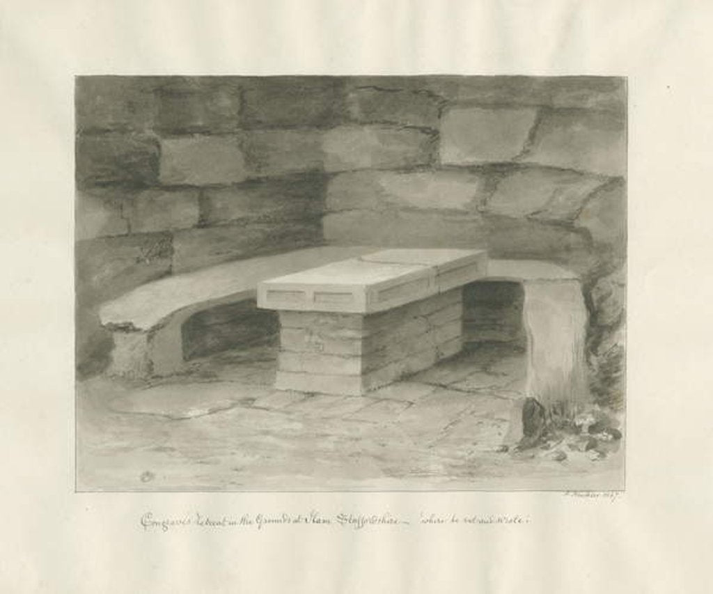 Detail of Ilam Hall - 'Congrave's Retreat' : sepia drawing, 1847 by John Buckler