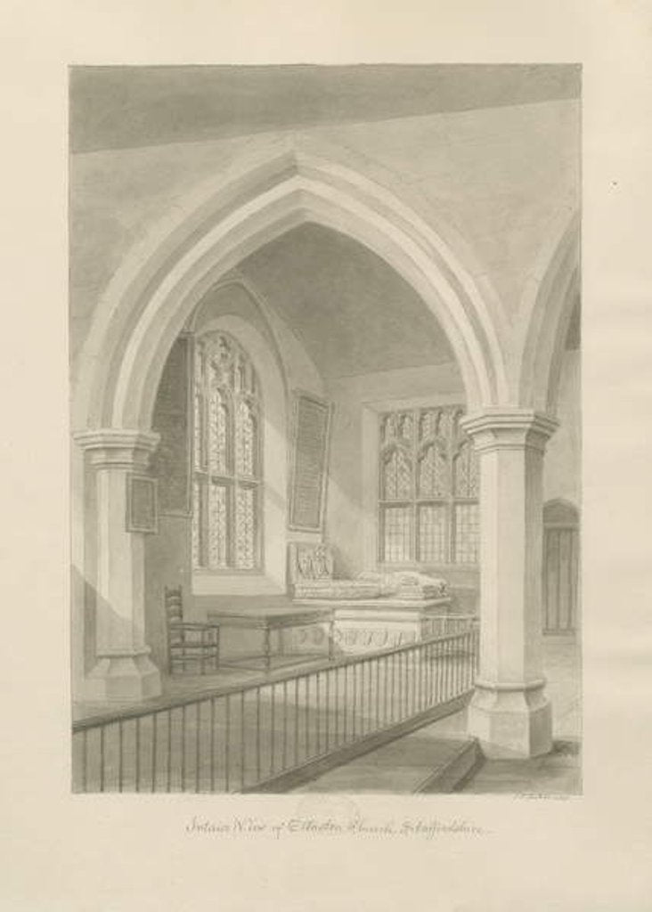 Detail of Interior of Ellastone Church: sepia drawing, 1841 by John Chessell Buckler