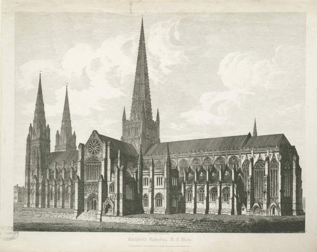 Detail of Lichfield Cathedral - South East View: engraving, nd [c 1823] by John Coney