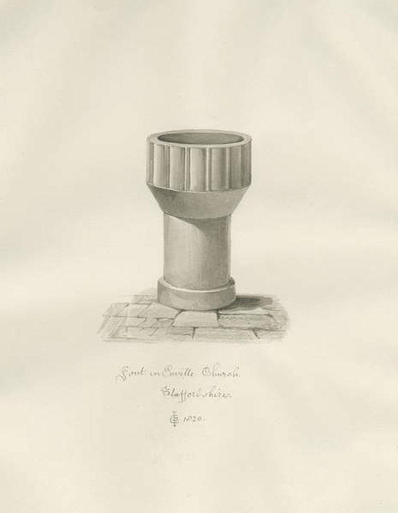 Font in Enville Church: sepia drawing, 1820 by John Chessell Buckler