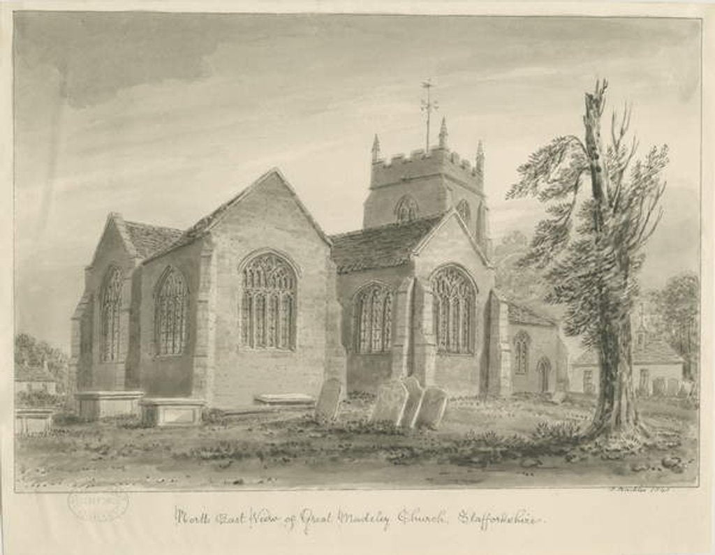 Detail of Madeley Church: sepia wash drawing, 1840 by John Buckler